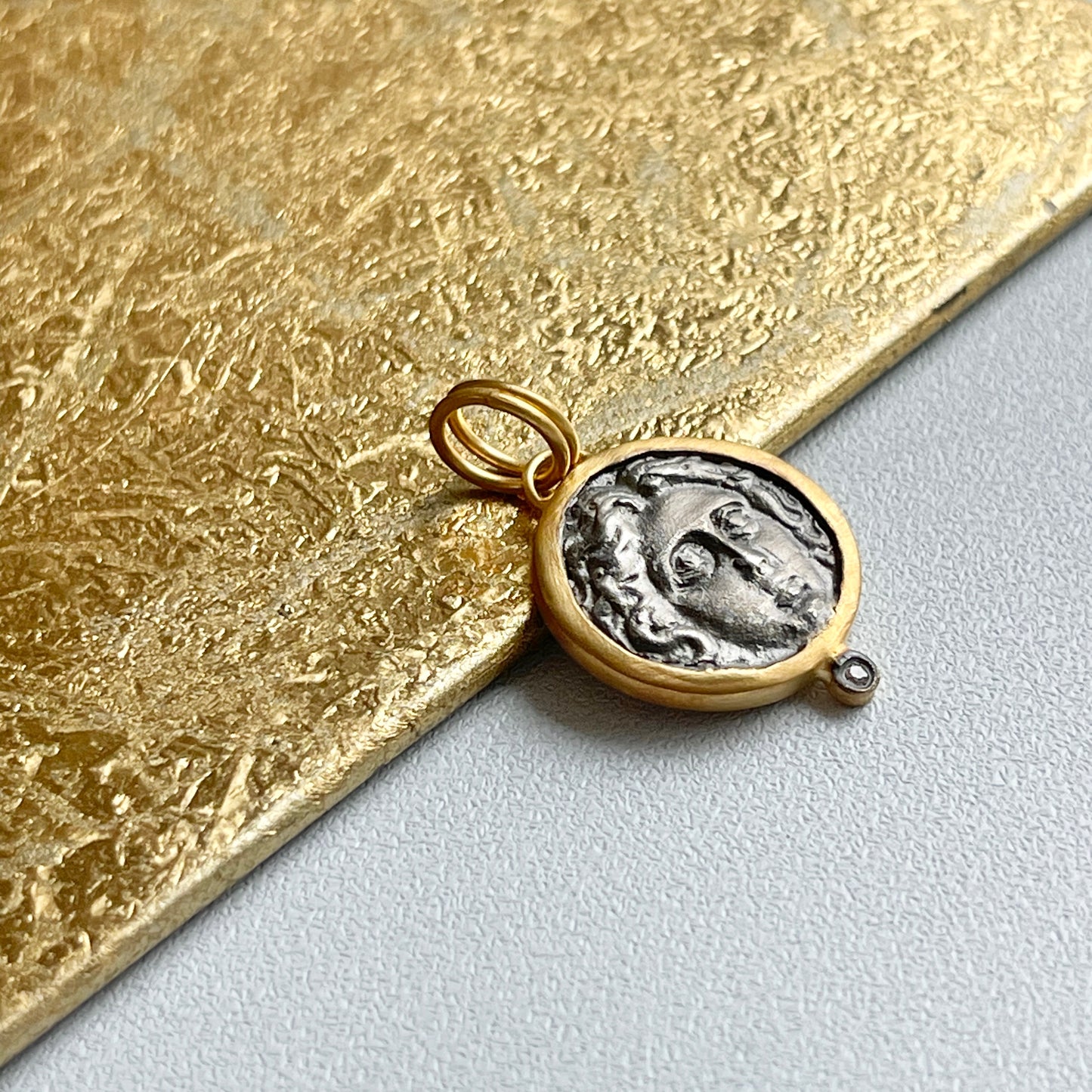 24KT Yellow Gold Infused + Sterling Silver Replica Roman Diamond Coin Pendant