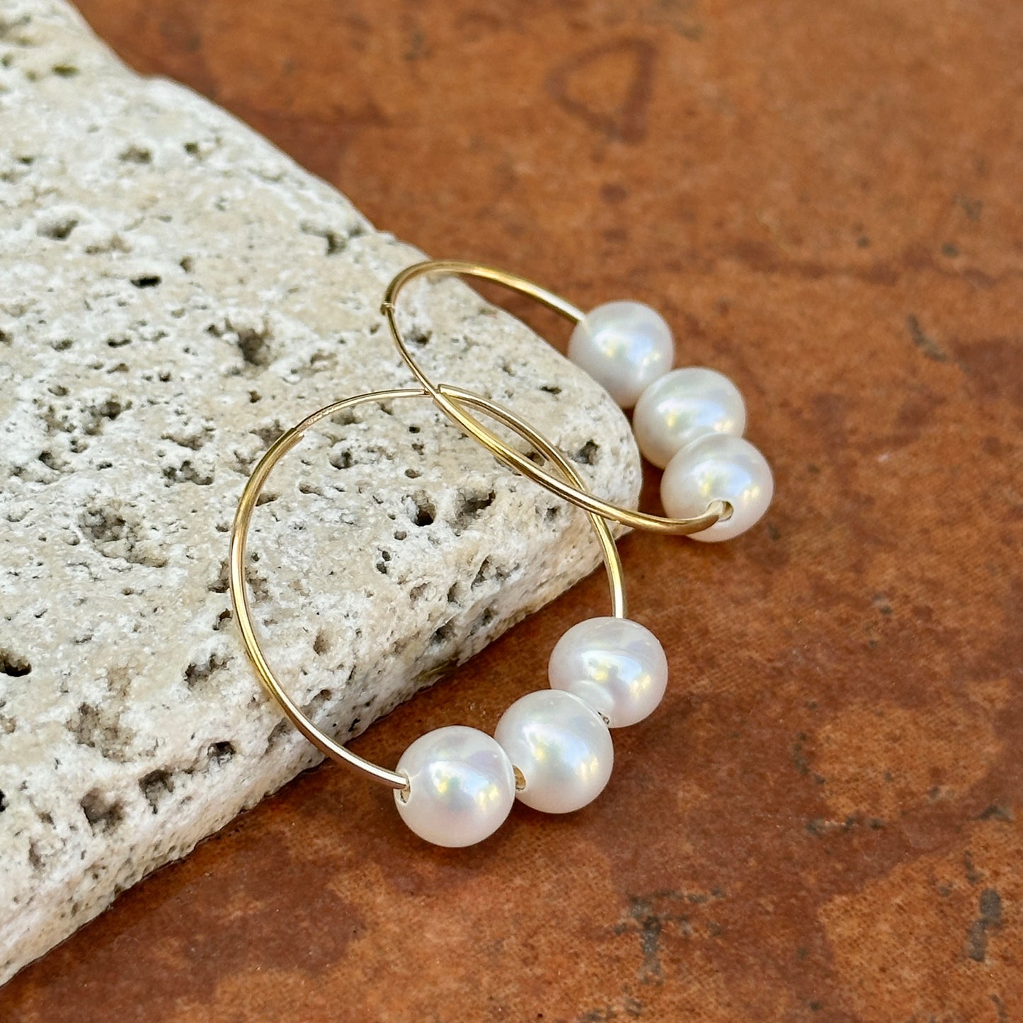 14KT Yellow Gold Pearl Endless Hoop Earrings 25mm