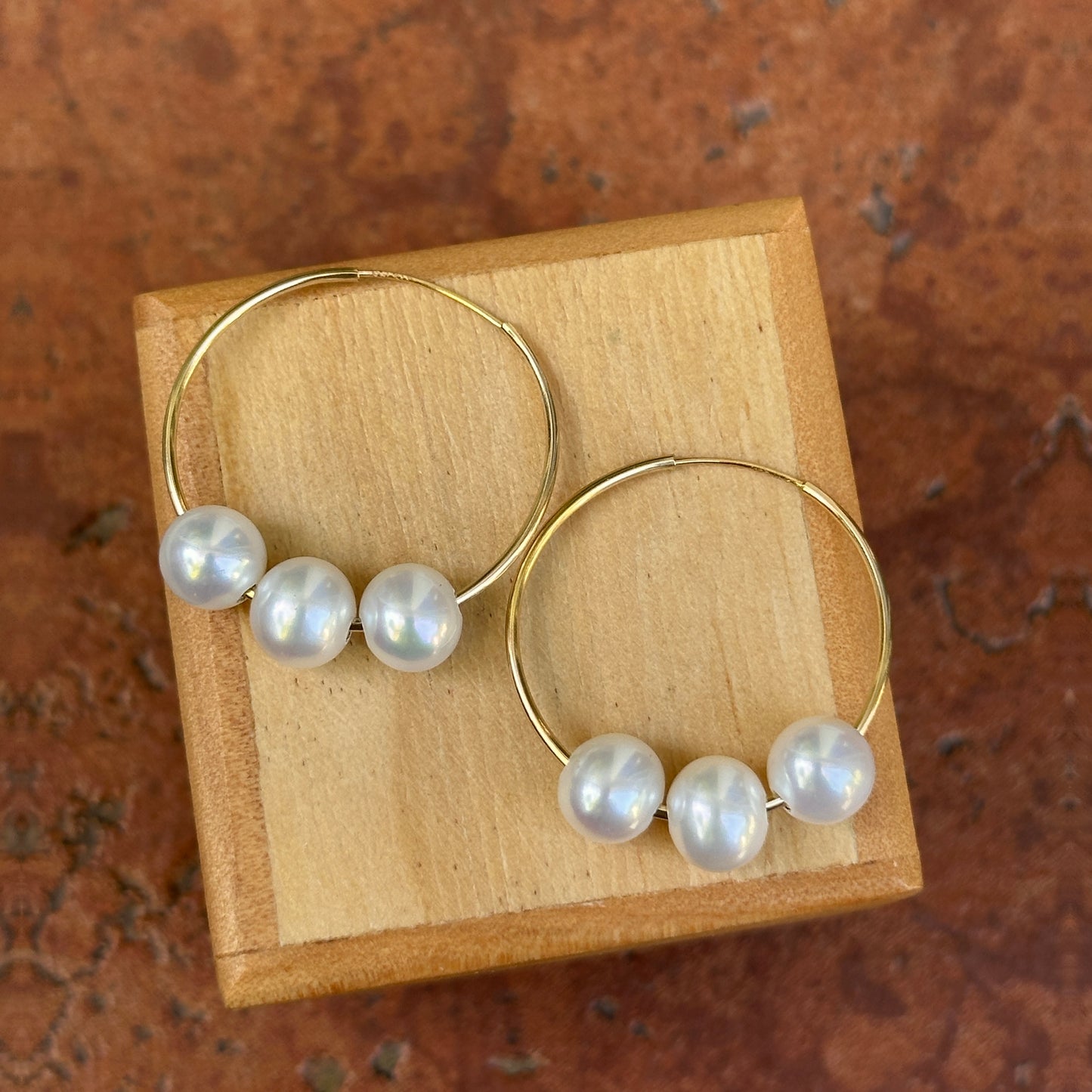 14KT Yellow Gold Pearl Endless Hoop Earrings 25mm