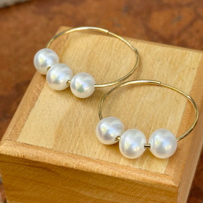 14KT Yellow Gold Pearl Endless Hoop Earrings 25mm