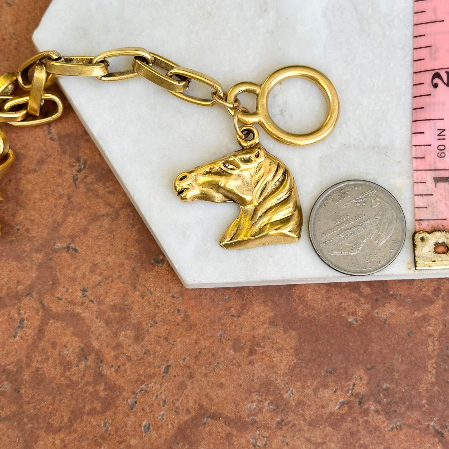 Yellow Tone Horse Head Dangle Oval Link Bracelet + Toggle Clasp