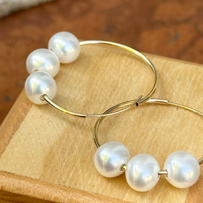 14KT Yellow Gold Pearl Endless Hoop Earrings 25mm