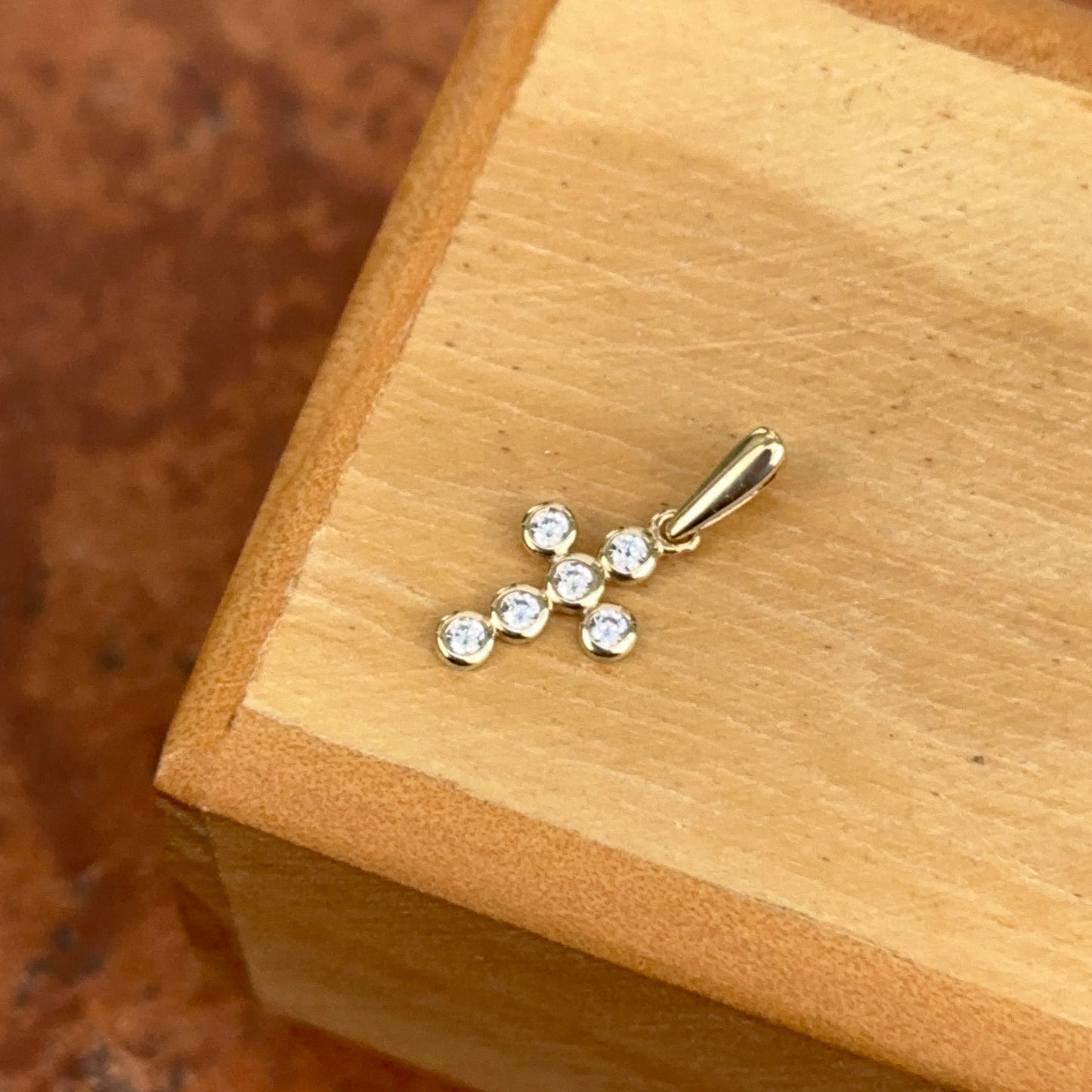 14KT Yellow Gold Bezel CZ Stone Mini Cross Pendant Charm