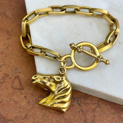 Yellow Tone Horse Head Dangle Oval Link Bracelet + Toggle Clasp