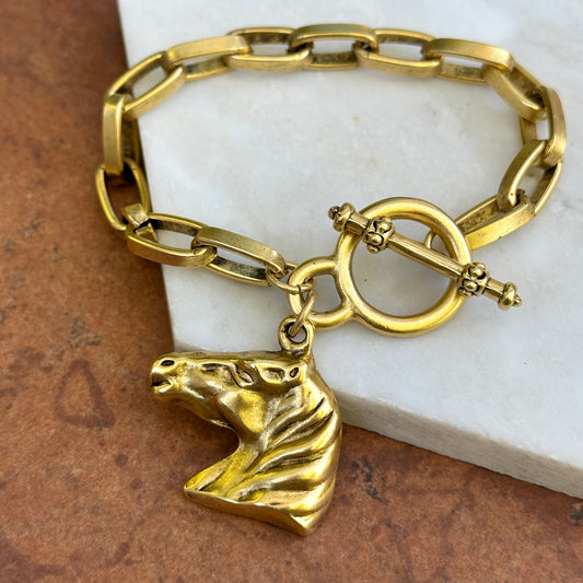 Yellow Tone Horse Head Dangle Oval Link Bracelet + Toggle Clasp