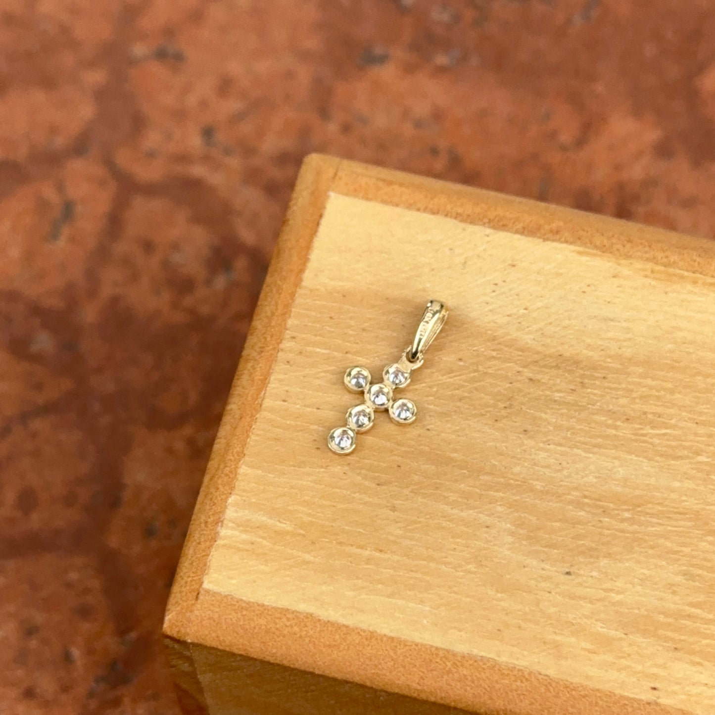 14KT Yellow Gold Bezel CZ Stone Mini Cross Pendant Charm