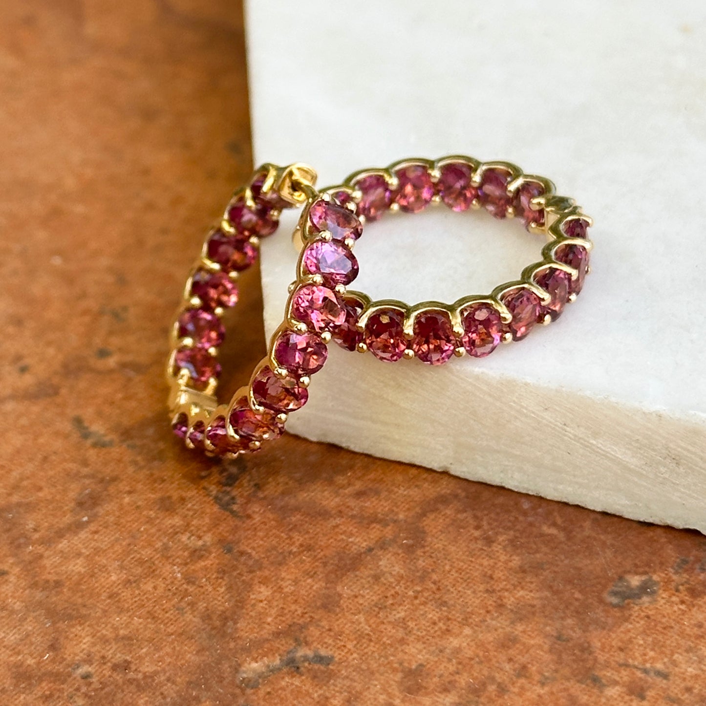 18KT Yellow Gold Oval Pink Tourmaline Inside/ Out Hoop Earrings