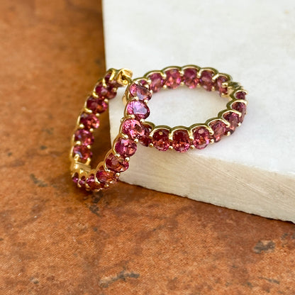 18KT Yellow Gold Oval Pink Tourmaline Inside/ Out Hoop Earrings