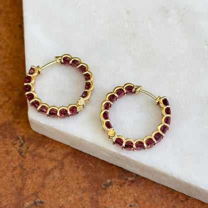 18KT Yellow Gold Oval Pink Tourmaline Inside/ Out Hoop Earrings