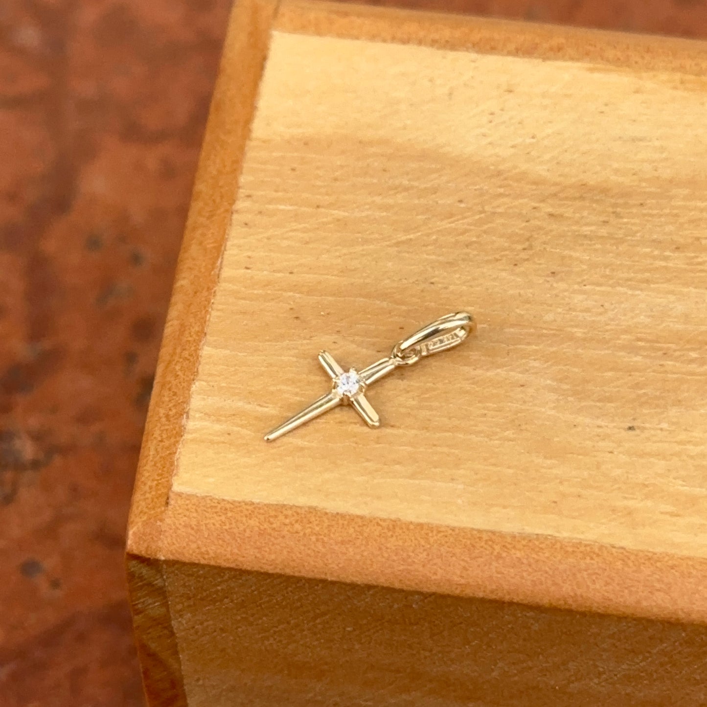 14KT Yellow Gold Mini CZ Stone Cross Pendant Charm