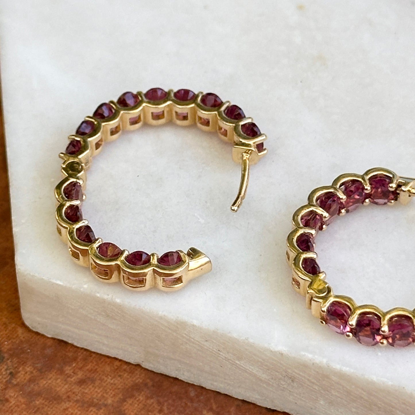 18KT Yellow Gold Oval Pink Tourmaline Inside/ Out Hoop Earrings