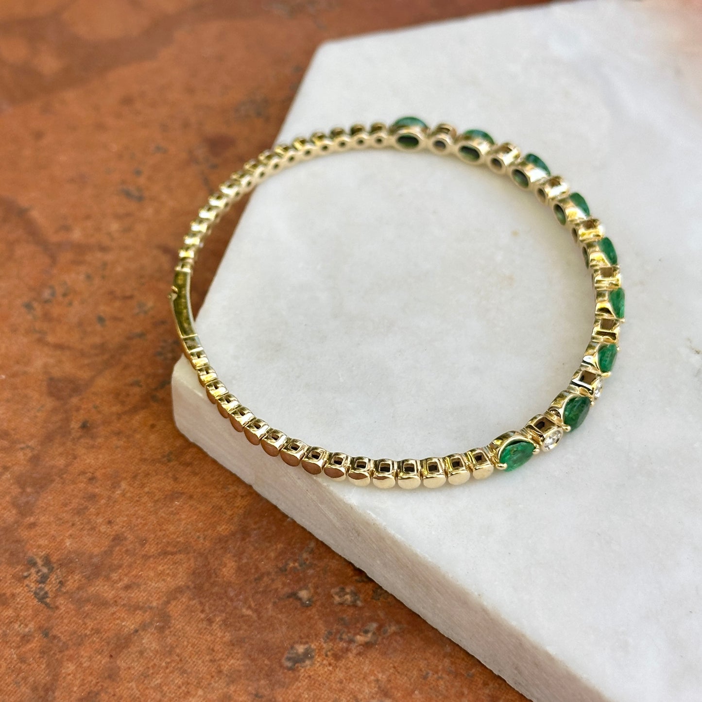 Estate 14KT Yellow Gold Oval Emerald + Bezel Set Diamond Flexible Bracelet