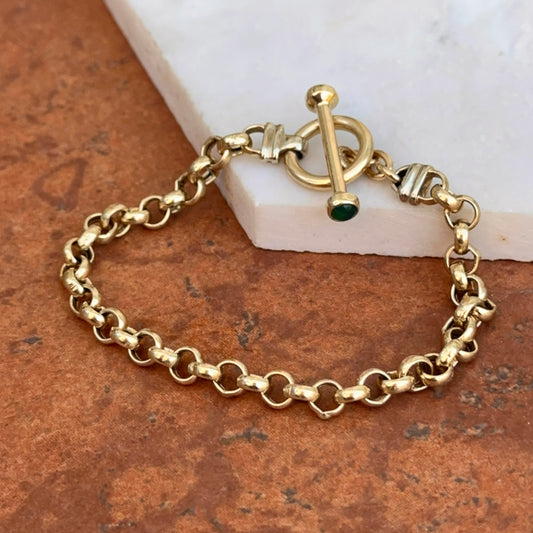 Estate 14KT Yellow Gold Rolo Chain Green Stone Toggle Bracelet