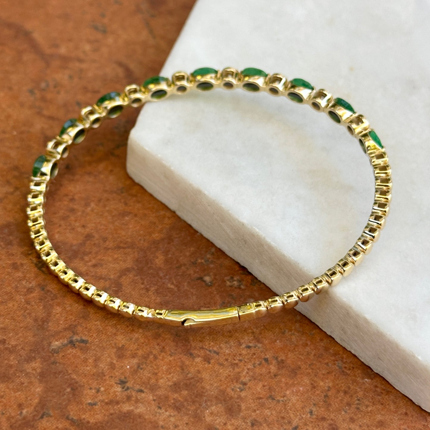Estate 14KT Yellow Gold Oval Emerald + Bezel Set Diamond Flexible Bracelet
