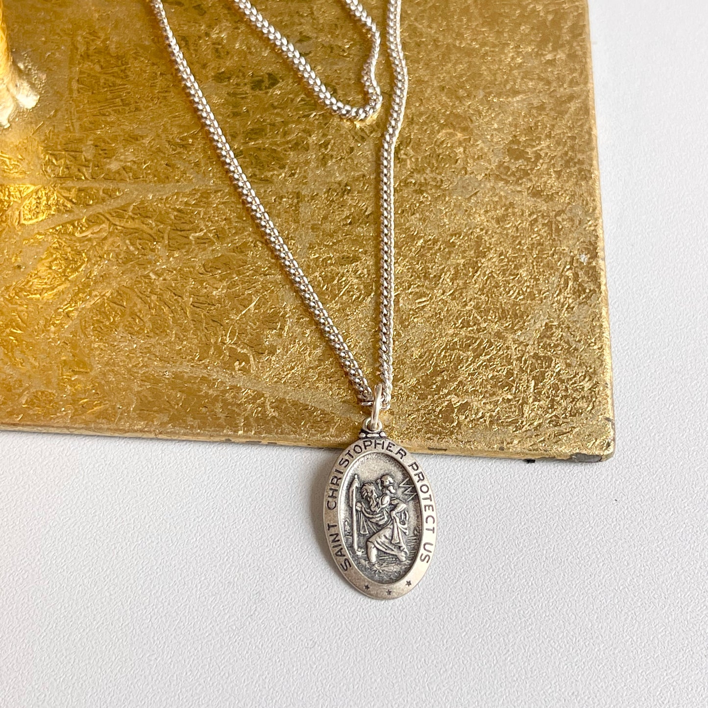 Sterling Silver Antiqued Oval St Christopher Medal Pendant Necklace