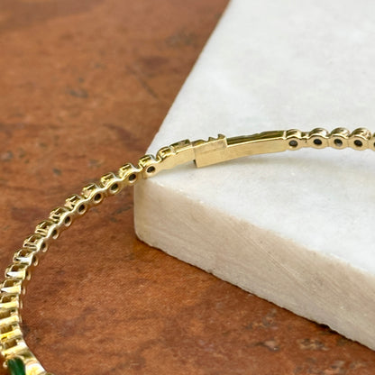 Estate 14KT Yellow Gold Oval Emerald + Bezel Set Diamond Flexible Bracelet