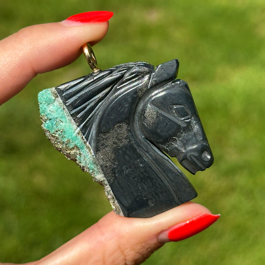 14KT Yellow Gold Carved Rough-Cut Emerald Horse Head Pendant