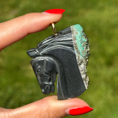 14KT Yellow Gold Carved Rough-Cut Emerald Horse Head Pendant