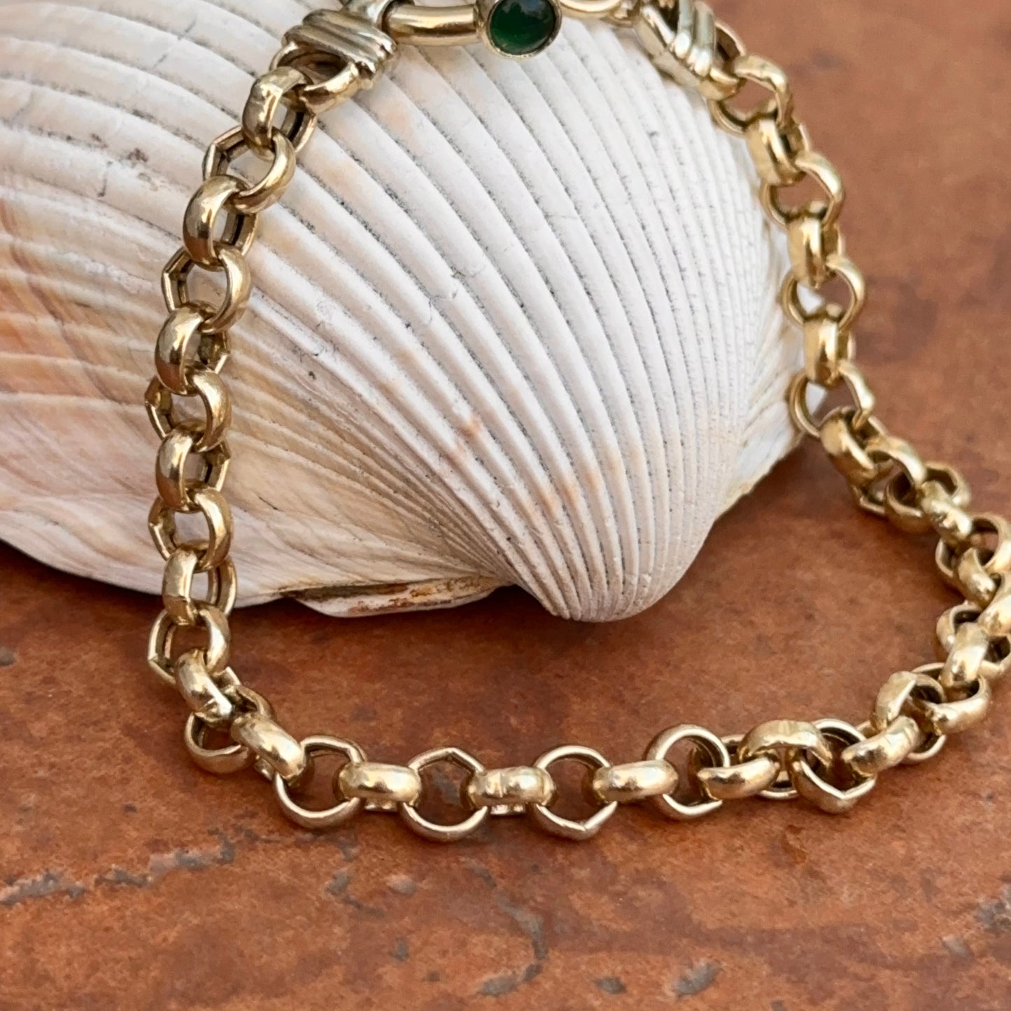 Estate 14KT Yellow Gold Rolo Chain Green Stone Toggle Bracelet