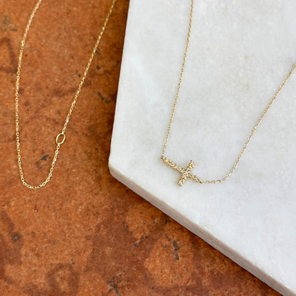 14KT Yellow Gold Diamond Small Sideways Cross Necklace