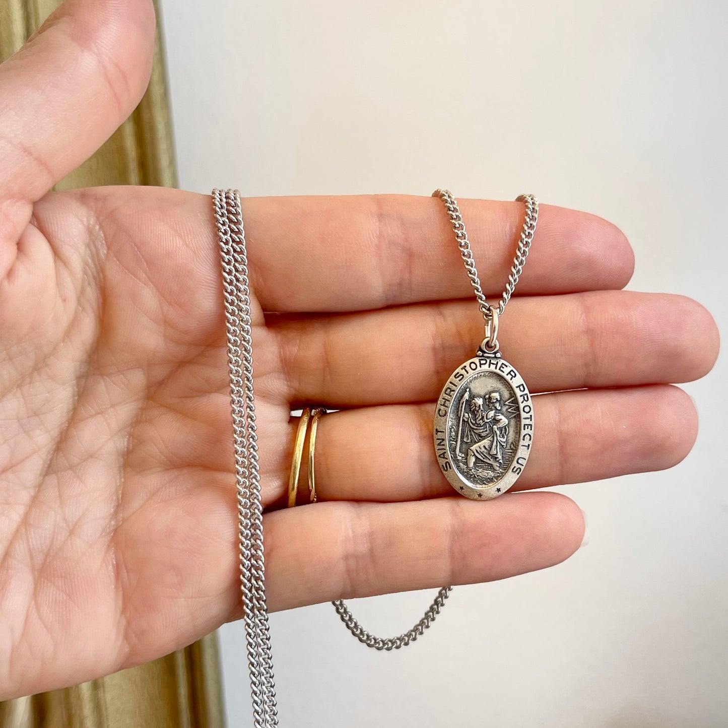 Sterling Silver Antiqued Oval St Christopher Medal Pendant Necklace