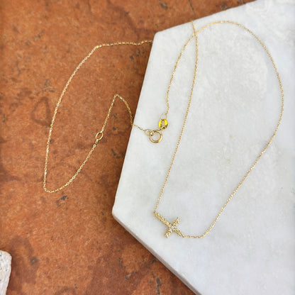 14KT Yellow Gold Diamond Small Sideways Cross Necklace