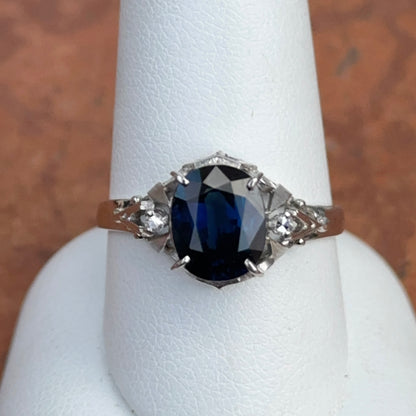 Estate Platinum Oval Blue Sapphire + Diamond Art Deco Ring