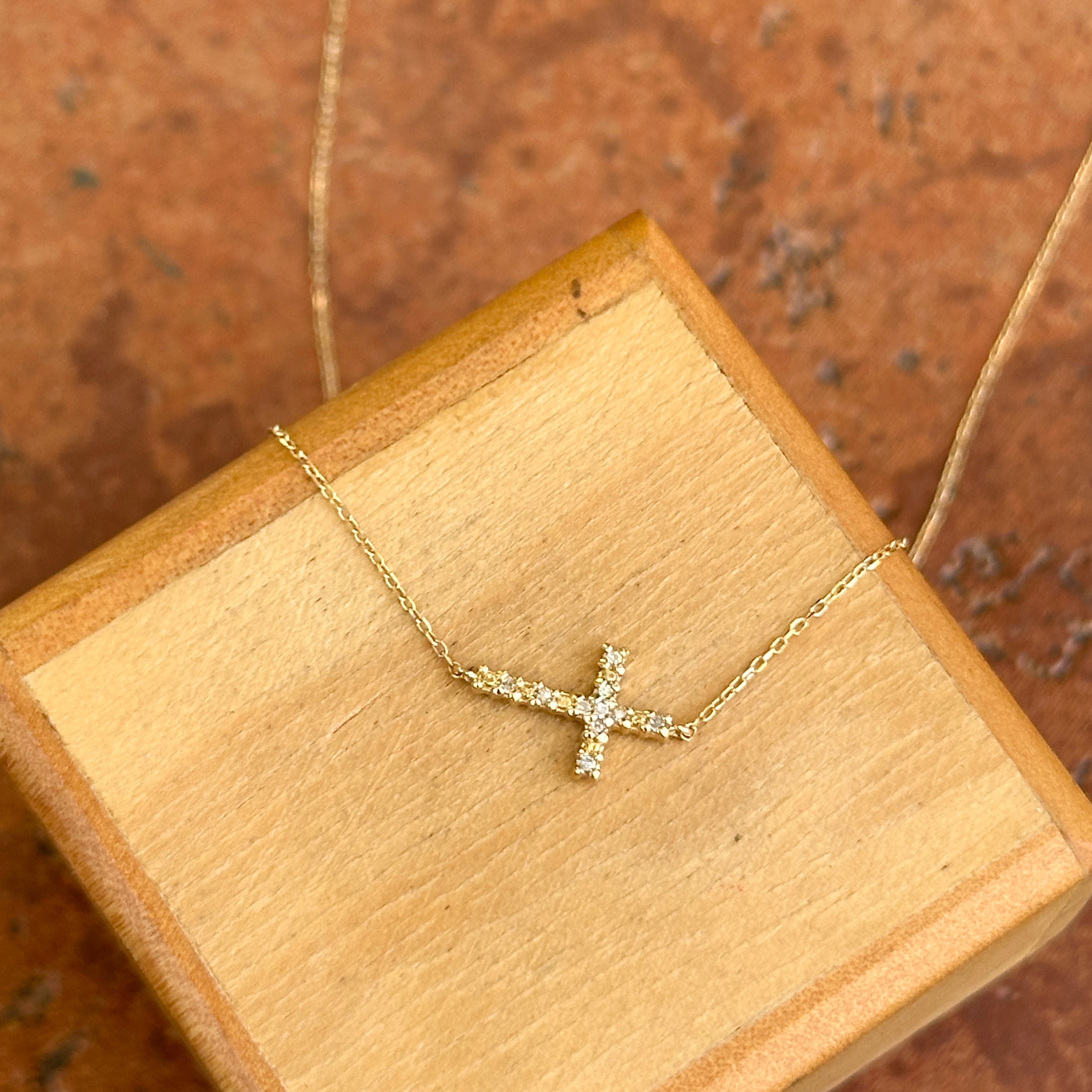 14KT Yellow Gold Diamond Small Sideways Cross Necklace – LSJ