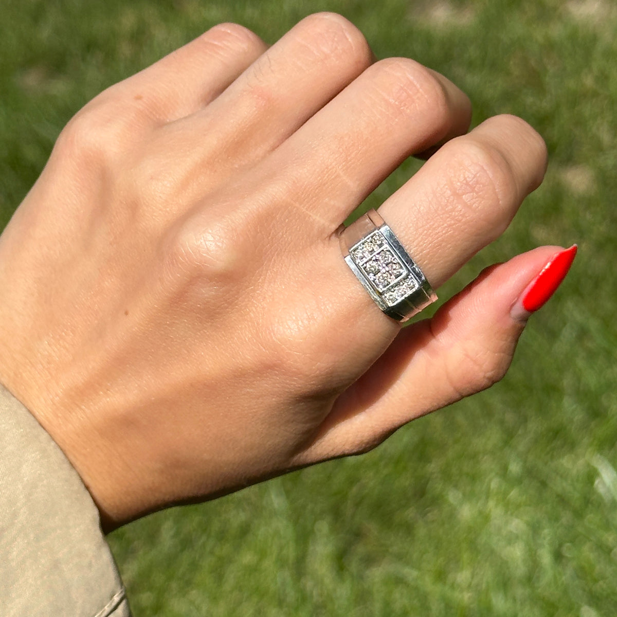Estate 10KT White Gold Squared Diamond Cluster Ring