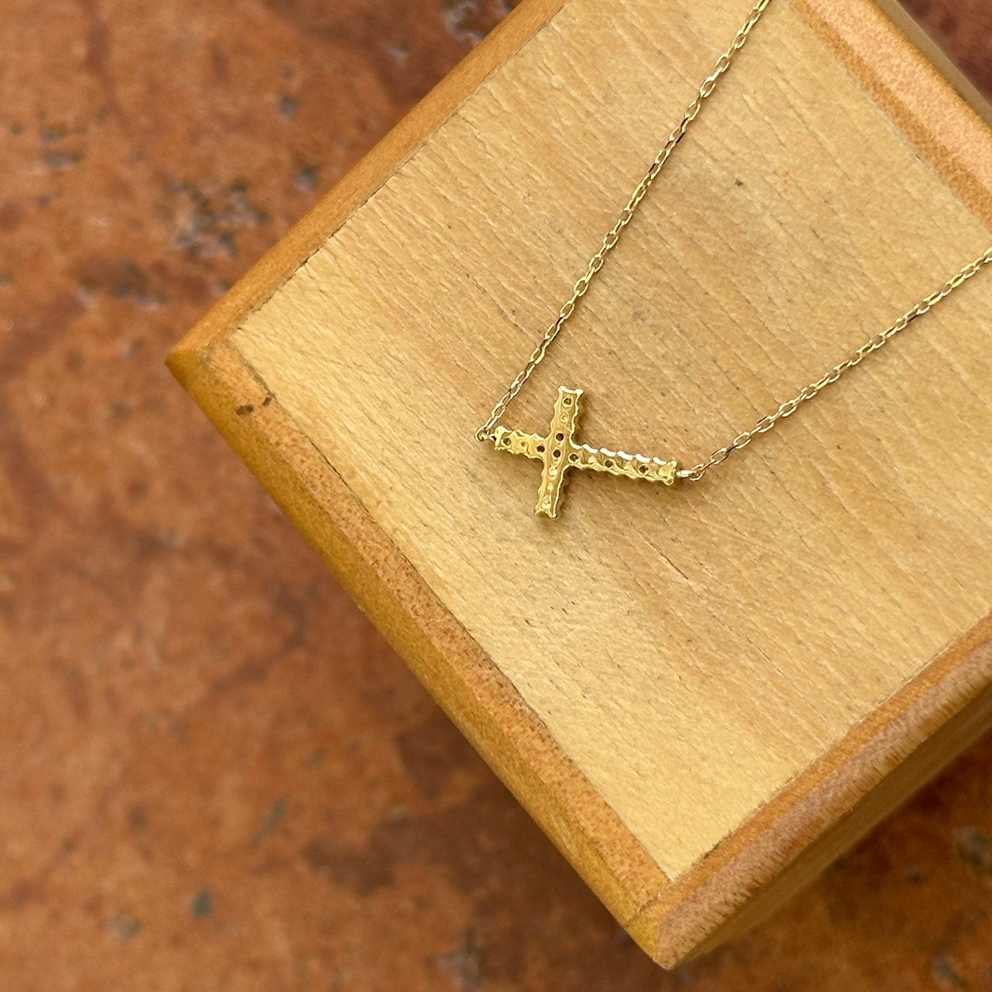 14KT Yellow Gold Diamond Small Sideways Cross Necklace