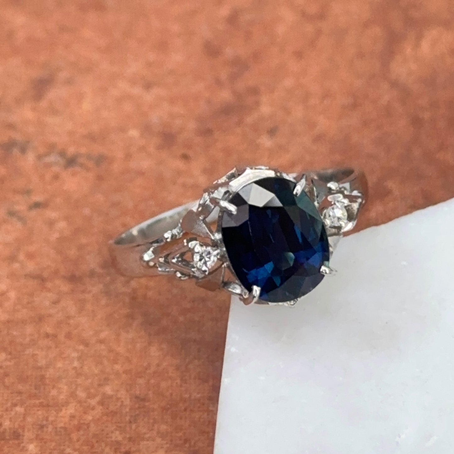 Estate Platinum Oval Blue Sapphire + Diamond Art Deco Ring