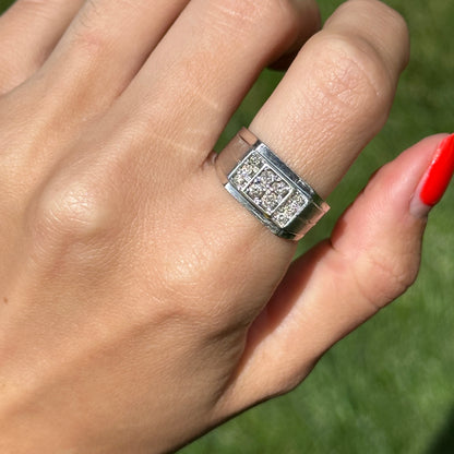 Estate 10KT White Gold Squared Diamond Cluster Ring