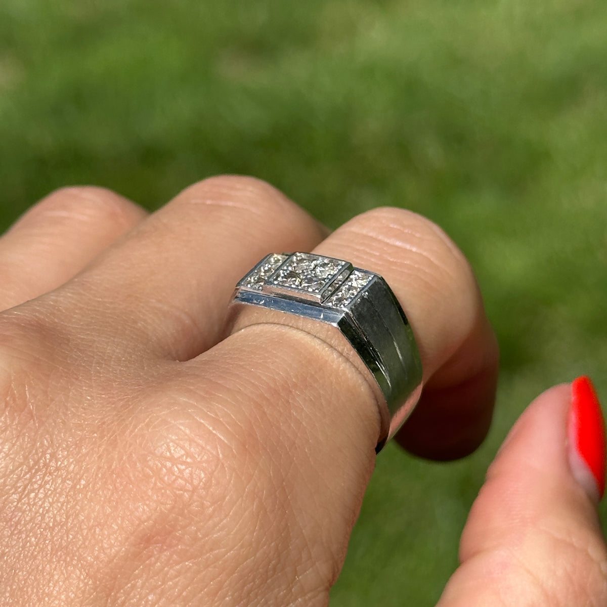 Estate 10KT White Gold Squared Diamond Cluster Ring