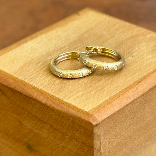 14KT Yellow Gold Brushed Round Diamond Round Huggie Earrings - LSJ