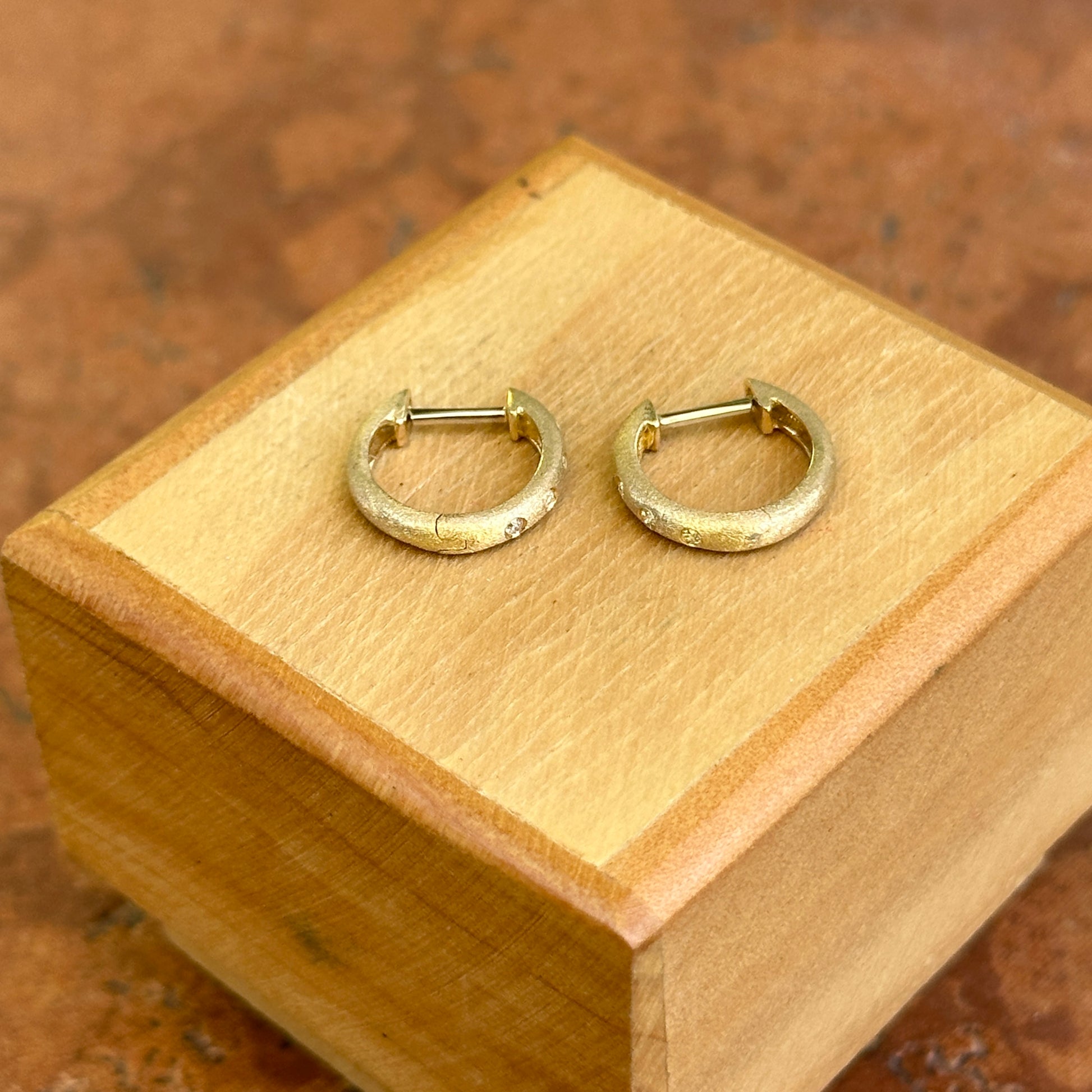 14KT Yellow Gold Brushed Round Diamond Round Huggie Earrings - LSJ