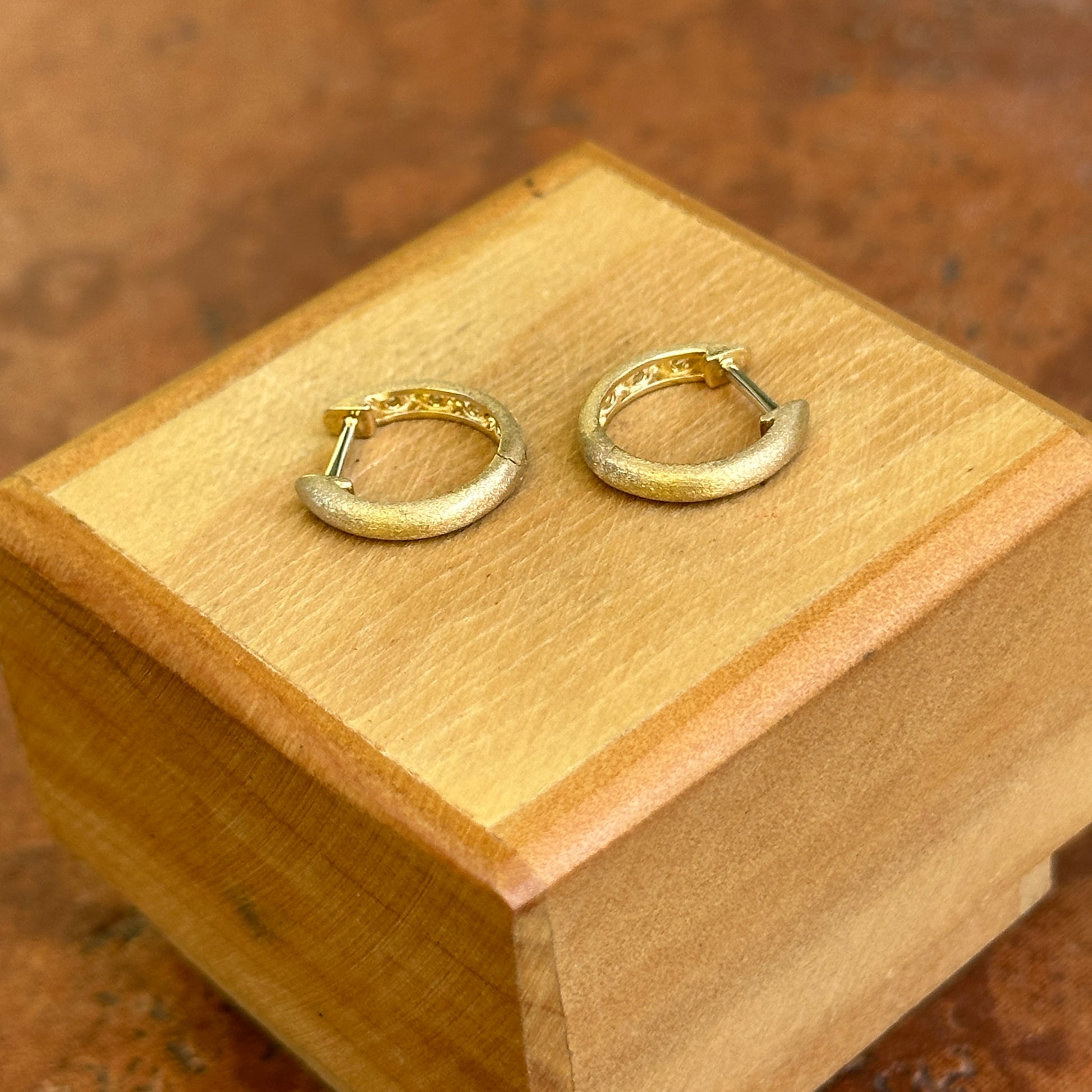 14KT Yellow Gold Brushed Round Diamond Round Huggie Earrings - LSJ