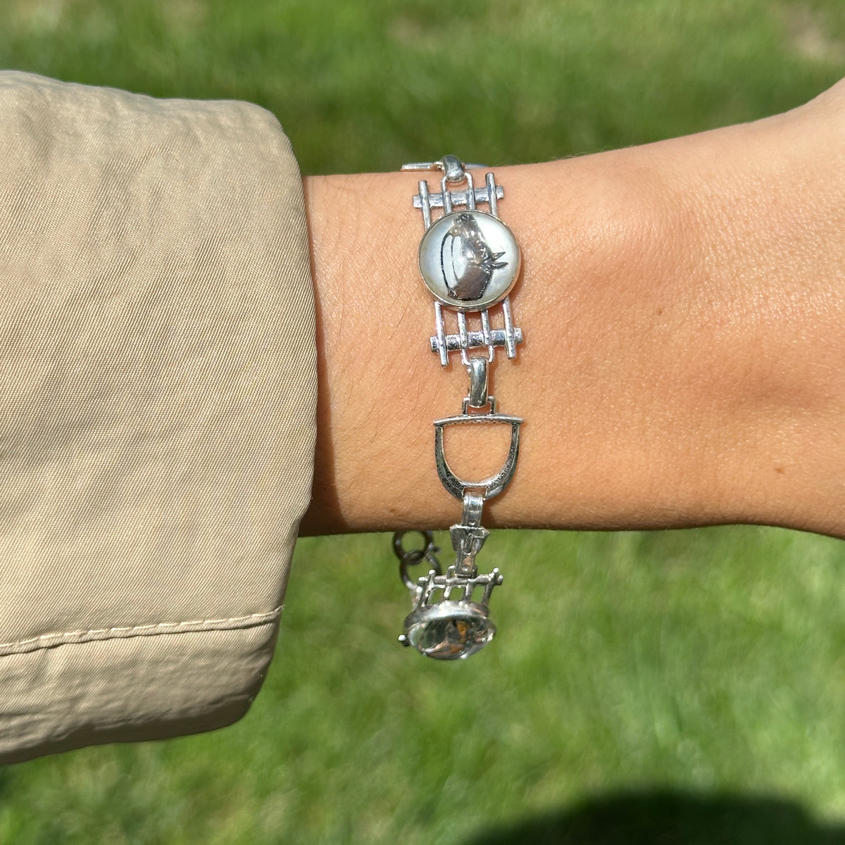 Estate Silver Round Glass Painted Horse Stirrup Link Bracelet