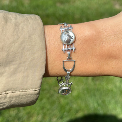 Estate Silver Round Glass Painted Horse Stirrup Link Bracelet