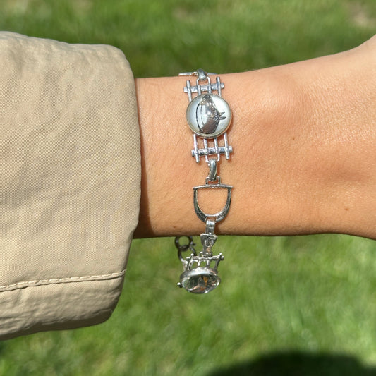 Estate Silver Round Glass Painted Horse Stirrup Link Bracelet