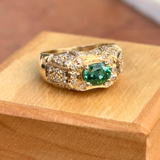 Estate 18KT Yellow Gold Oval Emerald + Pave Diamond Ring