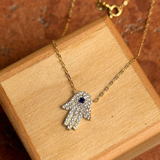 10KT Yellow Gold Pave Lab Sapphire Hamsa Pendant Necklace