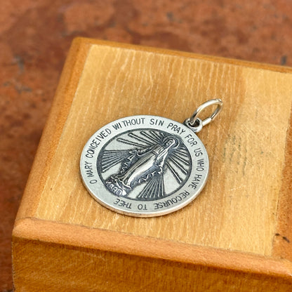 Sterling Silver Antiqued Round Miraculous Medal Pendant 22mm - LSJ
