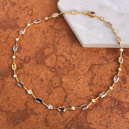 Estate 14KT Yellow Gold Multi Color and Shape Sapphire Tennis Necklace