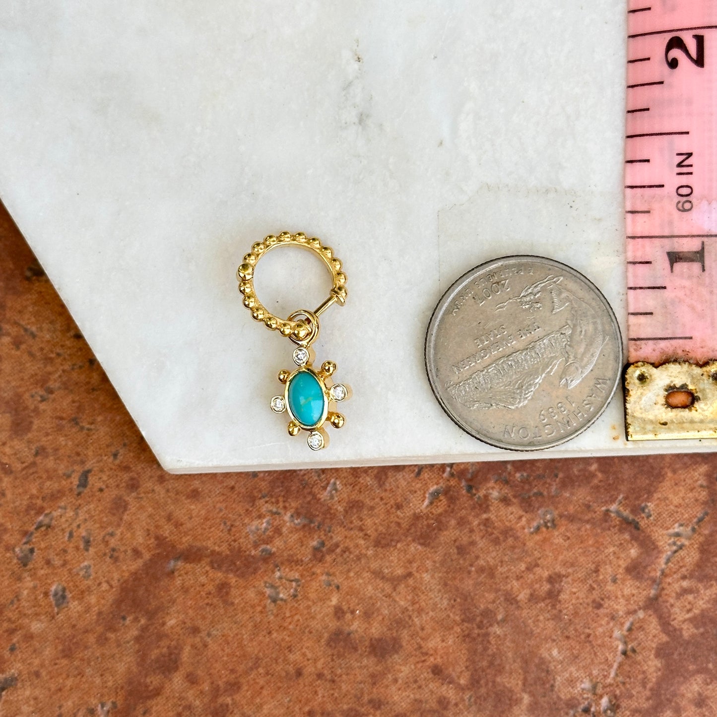 14KT Yellow Gold Oval Turquoise Round Diamond Charm Earrings
