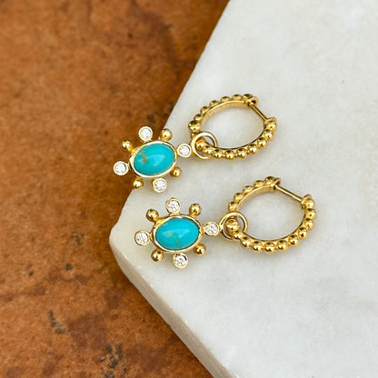 14KT Yellow Gold Oval Turquoise Round Diamond Charm Earrings