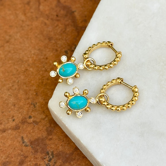 14KT Yellow Gold Oval Turquoise Round Diamond Charm Earrings