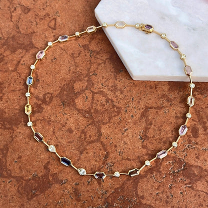 Estate 14KT Yellow Gold Multi Color and Shape Sapphire Tennis Necklace