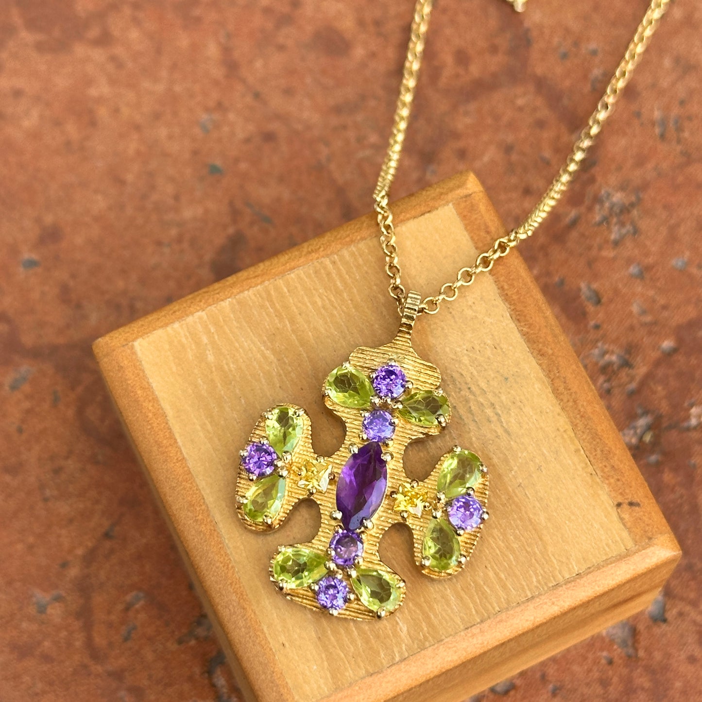 Estate Gold-Plated Gemstone Maltese Byzantine Cross Necklace - LSJ