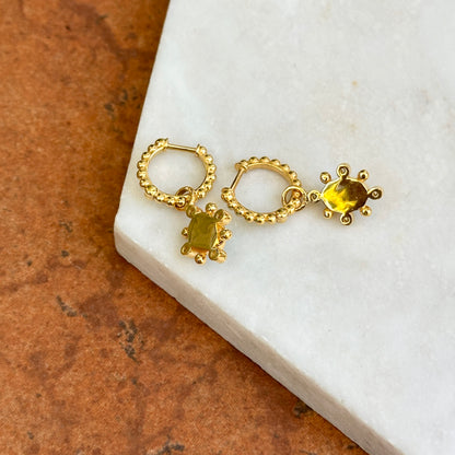 14KT Yellow Gold Oval Turquoise Round Diamond Charm Earrings