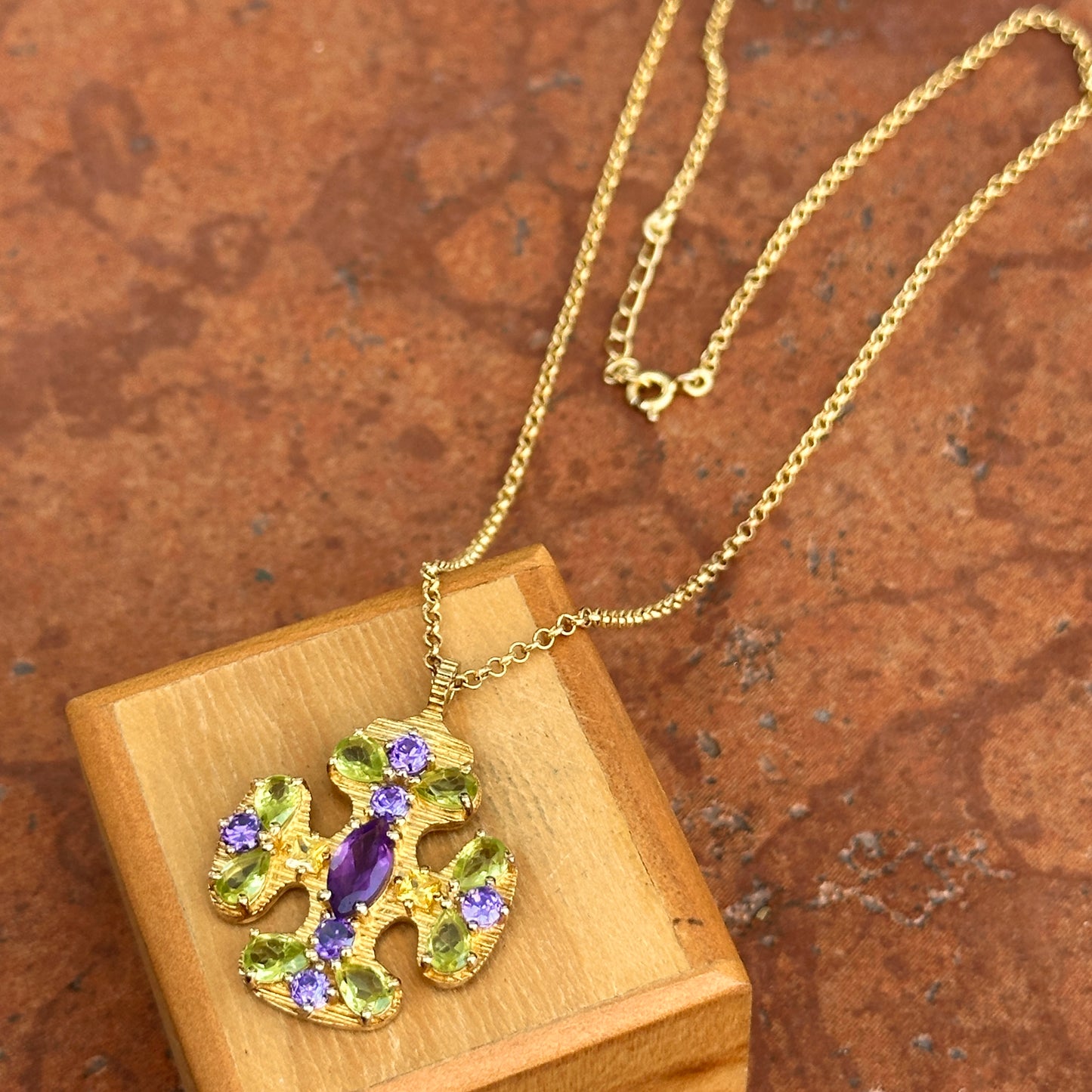 Estate Gold-Plated Gemstone Maltese Byzantine Cross Necklace - LSJ